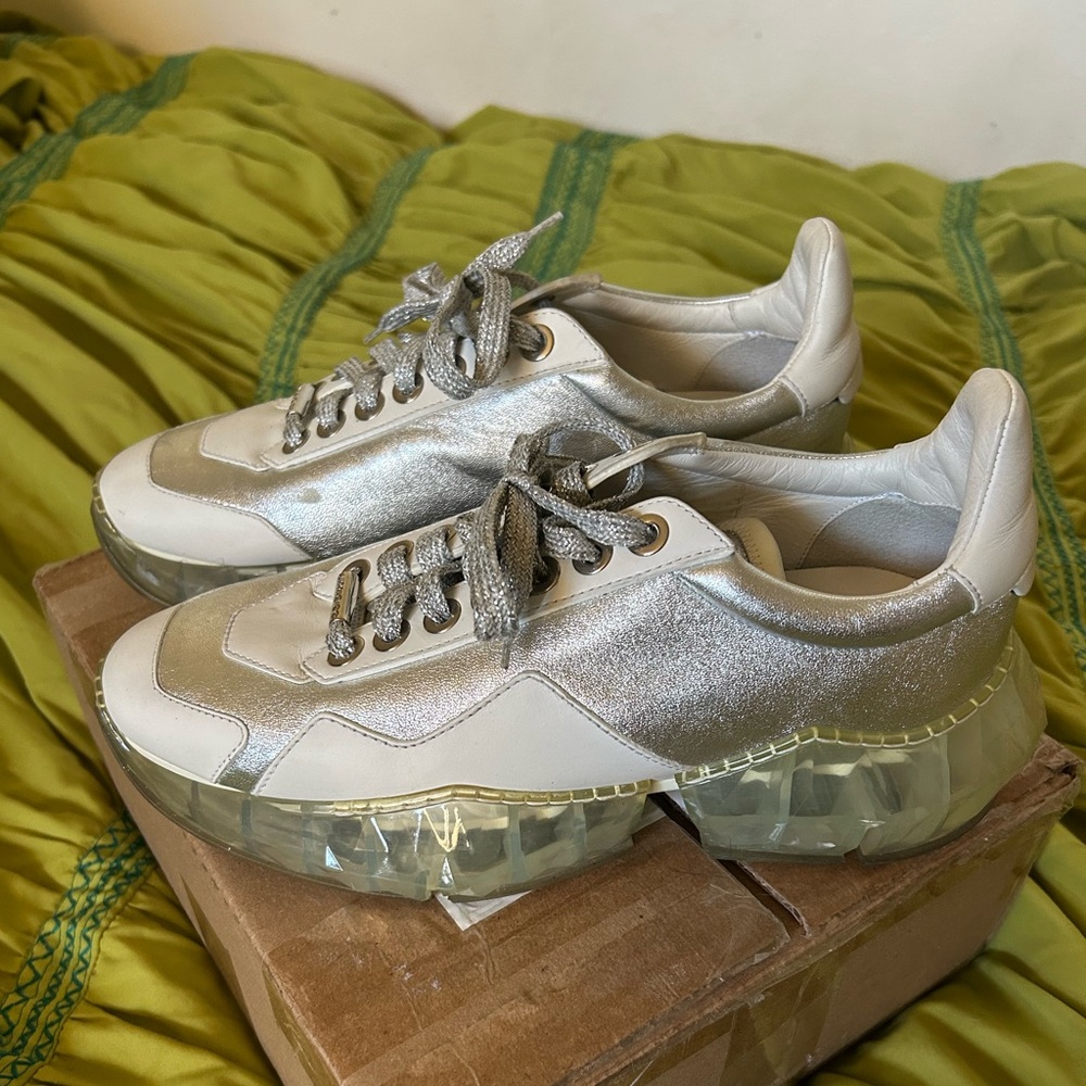 Jimmy Choo White & Silver Leather Sneakers 
 8.5 women